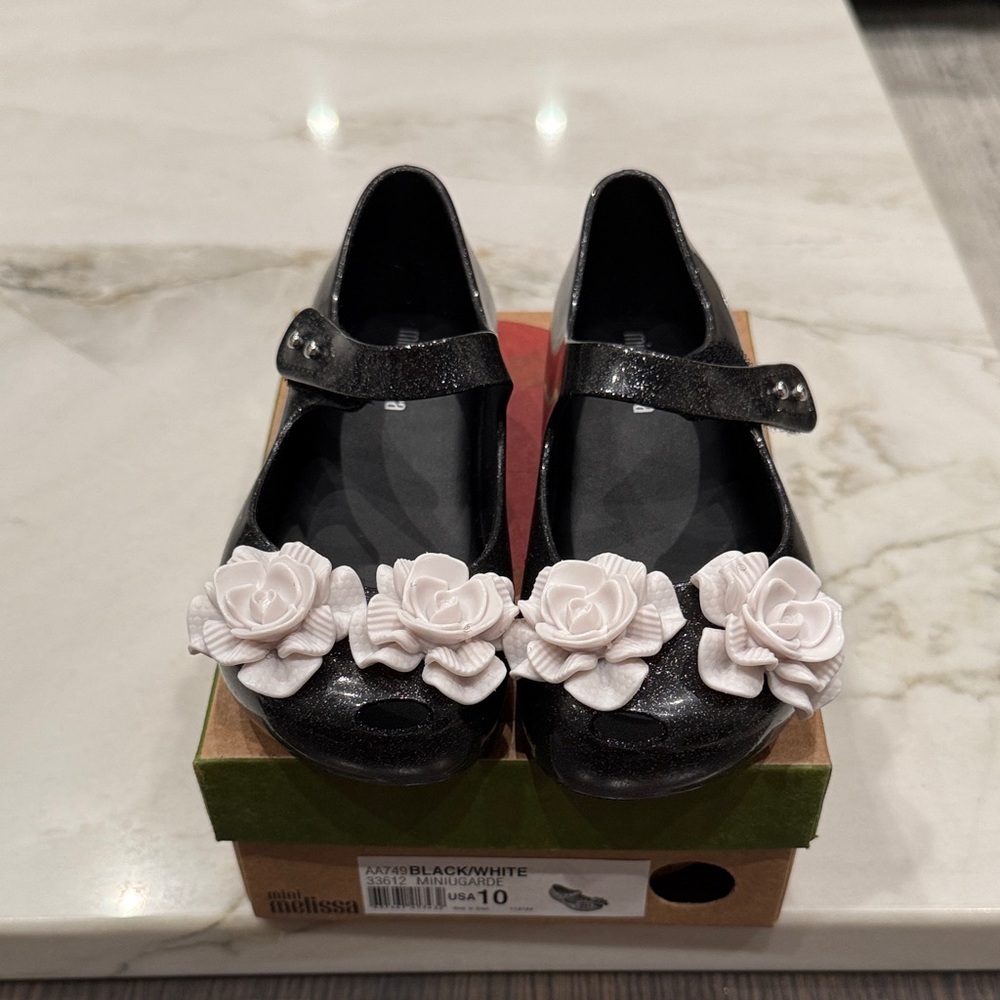 Brand New Mini Melissa Black Mary Jane Shoes with White Floral Accents